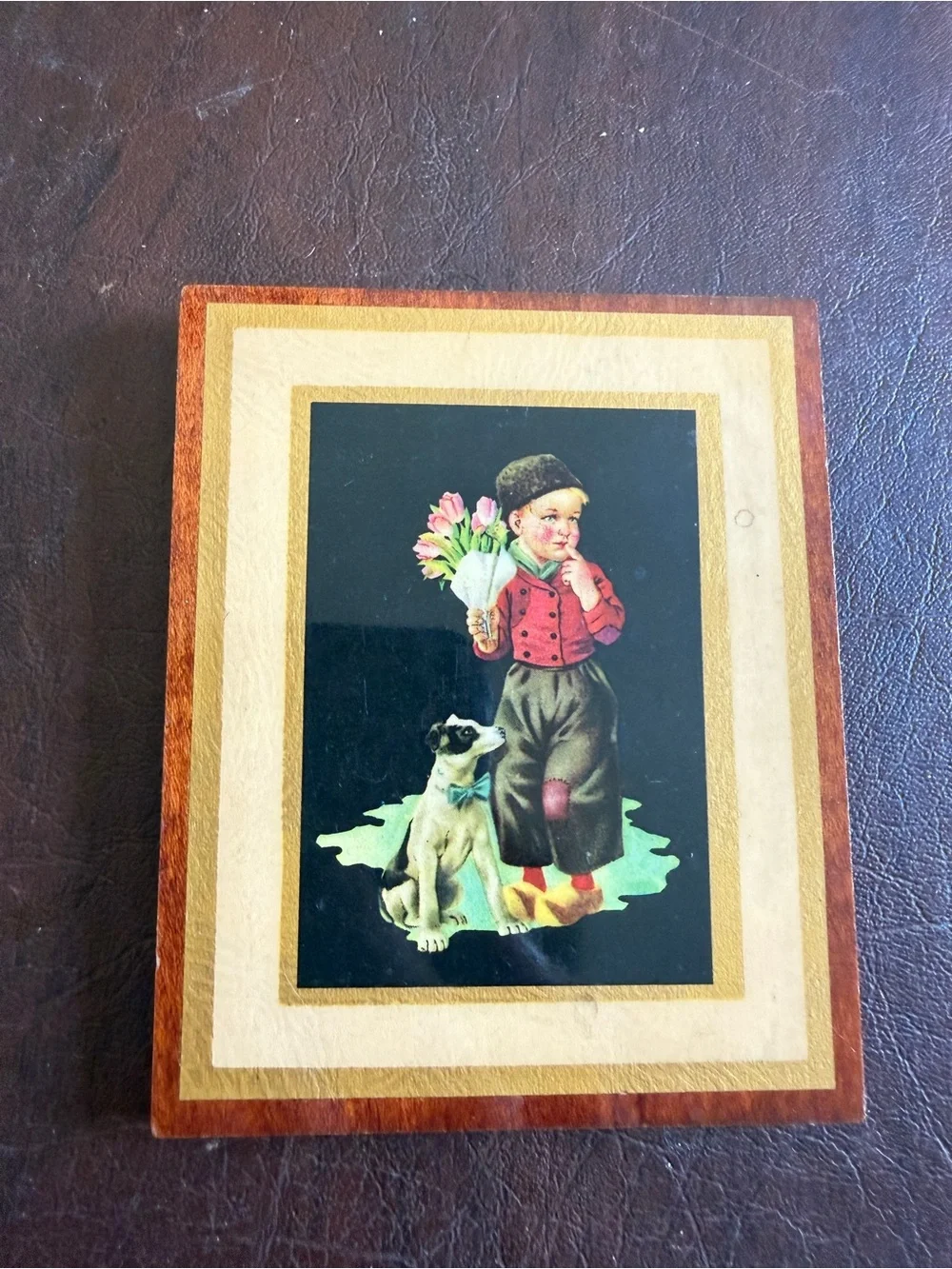 Vintage Dutch Boy & Dog Wooden Wall Plaque art print